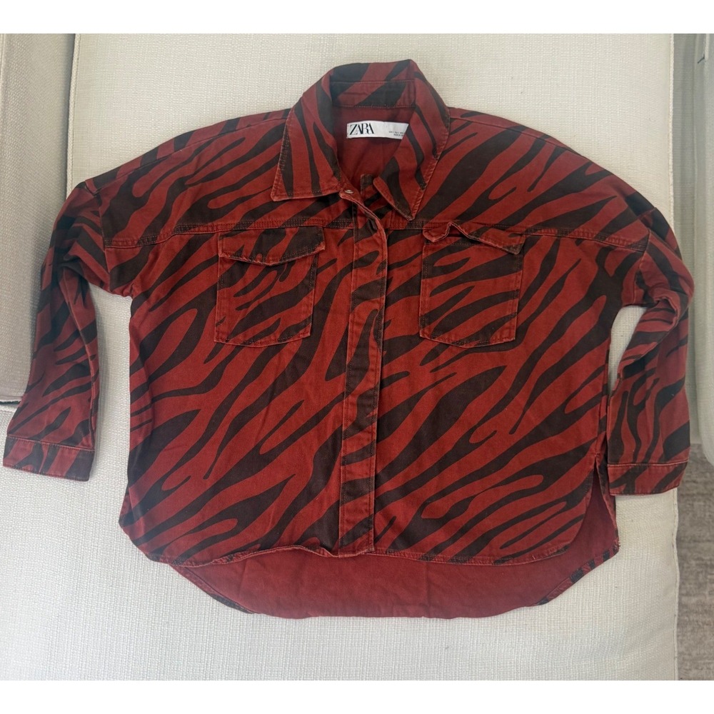 Zara Shirt Womens Small Red Zebra Print Denim Oversized Shacket Excellent